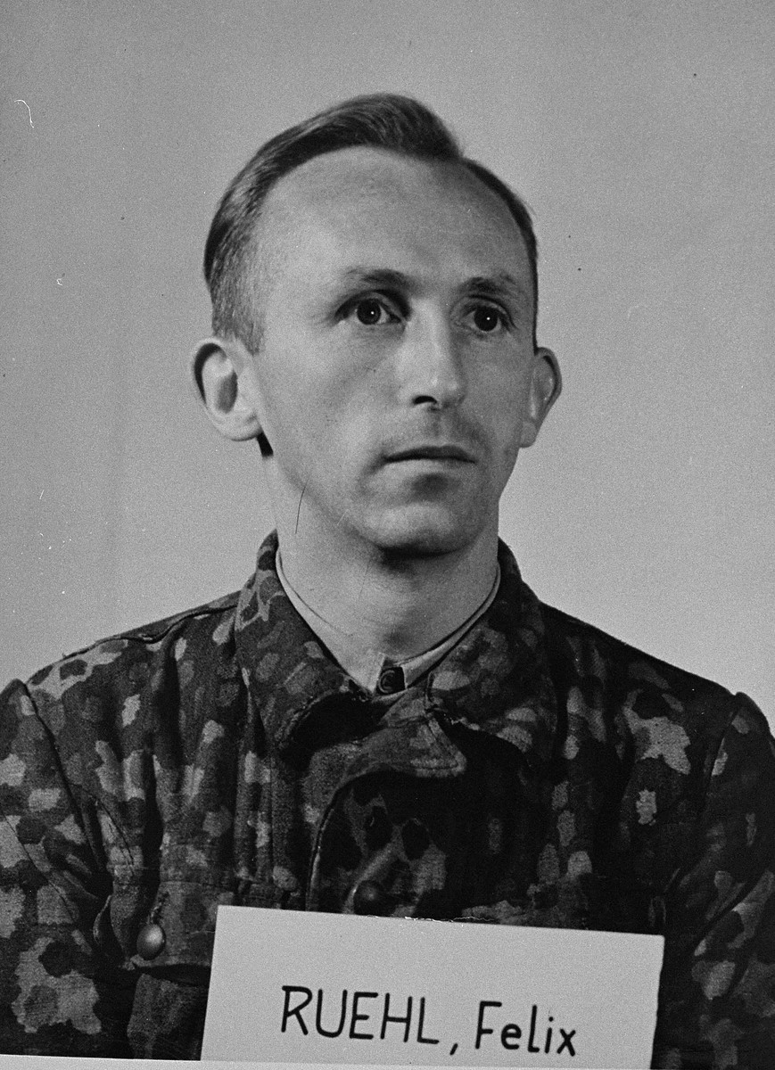 Mug-shot of defendant Felix Ruehl at the Einsatzgruppen Trial.  Ruehl was an officer in Sonderkommando 10b of Einsatzgruppe D.