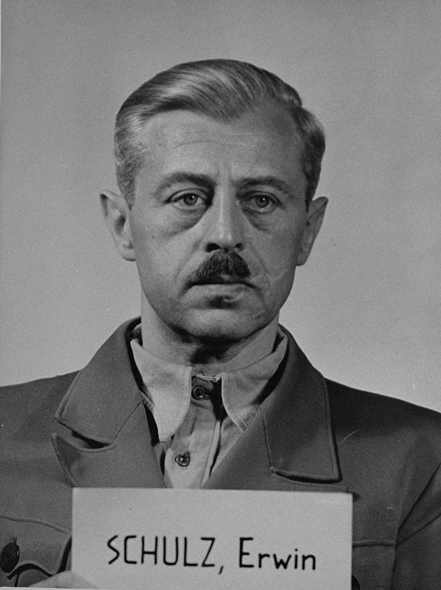 Mug-shot of defendant Erwin Schulz at the Einsatzgruppen Trial.  Schulz was the Commanding Officer of Einsatzkommando 5 of Einsatzgruppe C.