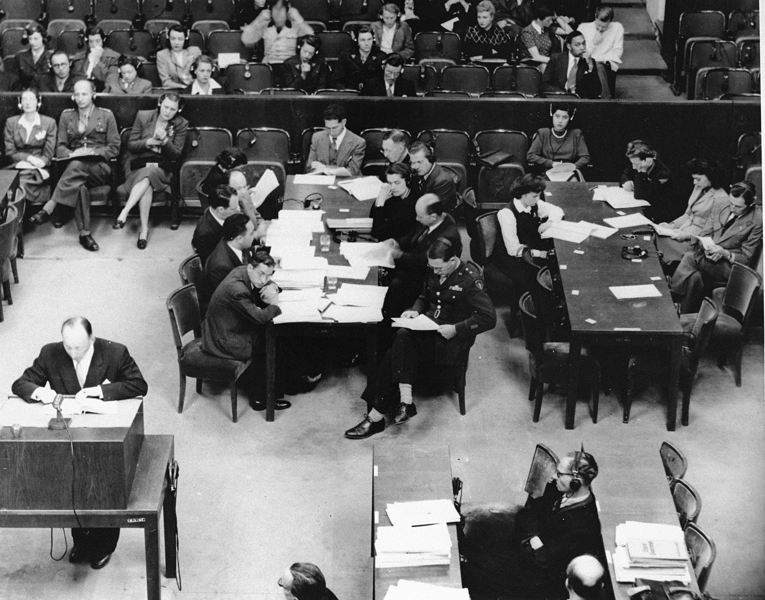 View of the prosecution table at the Medical Case (Doctors') Trial in Nuremberg.