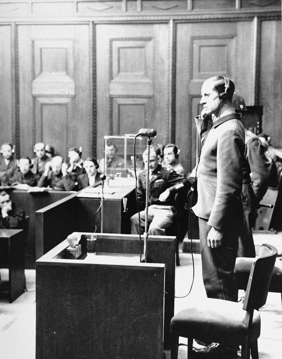 Karl Brandt takes the stand during the Medical Case (Doctors') Trial in Nuremberg.