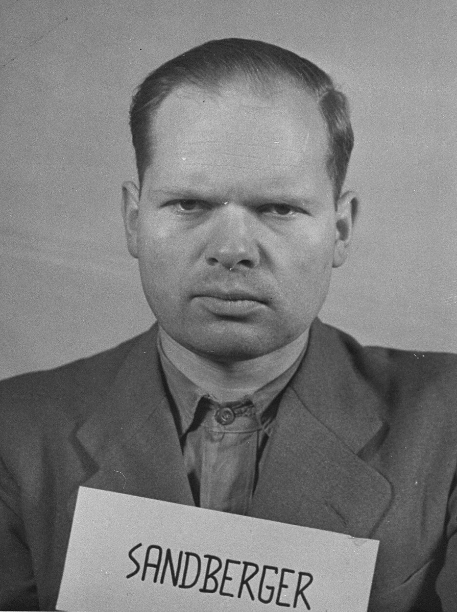 Mug-shot of defendant Martin Sandberger at the Einsatzgruppen Trial.  Sandberger was the Commanding Officer of Einsatzkommando 1a of Einsatzgruppe A.