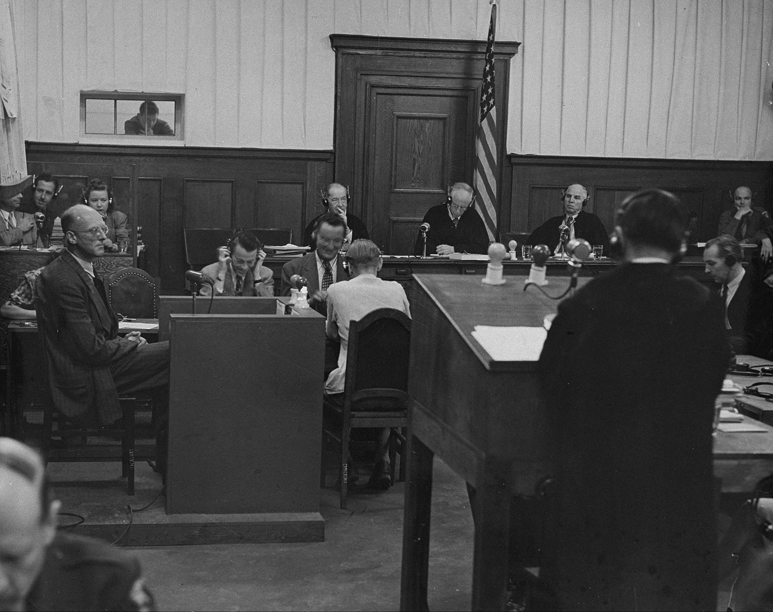 The Military Tribunal III hears witness testimony for the Justice Case.  The testimony was heard in a room in the Palace of Justice which was not the main courtroom.