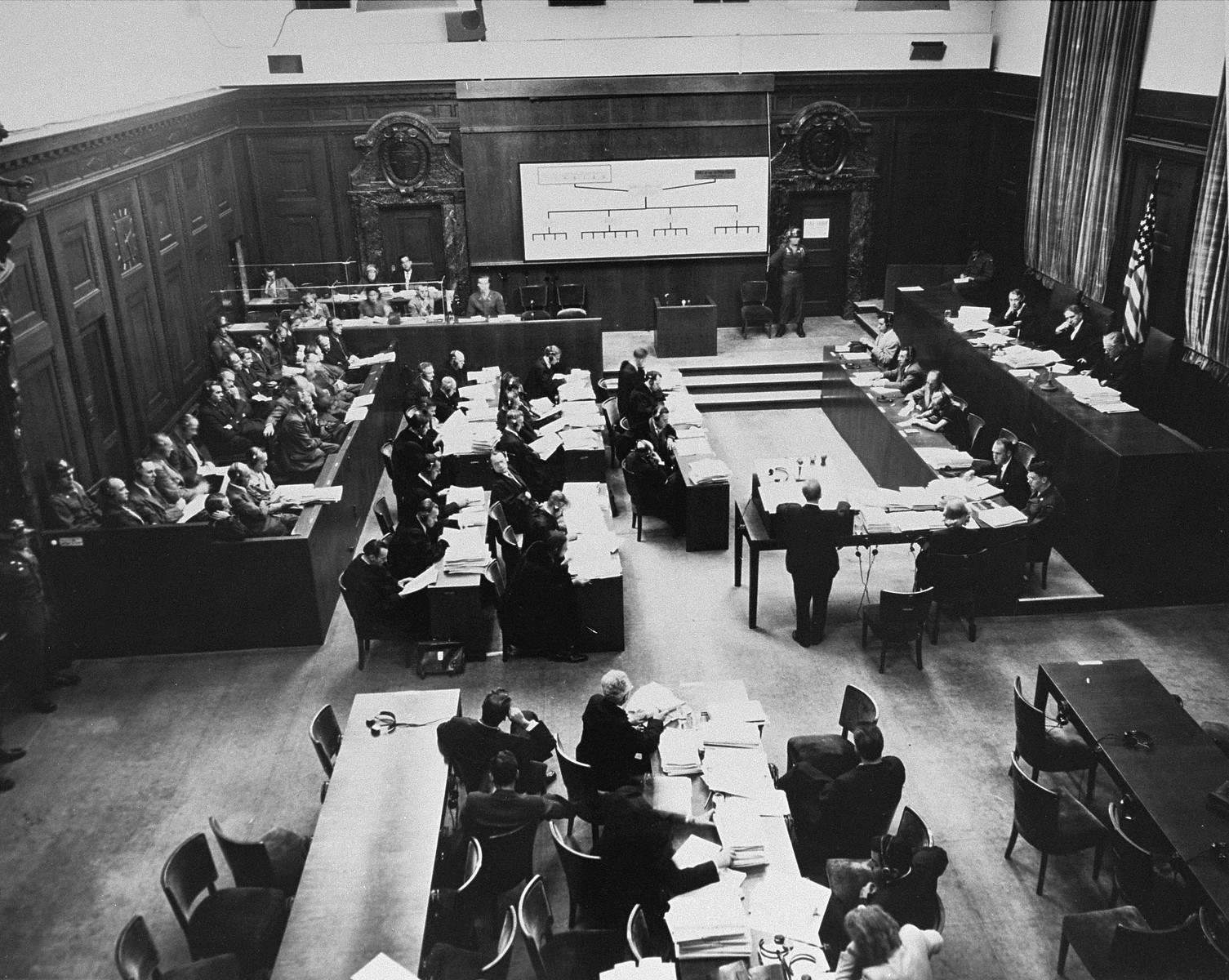Chief prosecutor Benjamin Ferencz (standing center) presents evidence at the Einsatzgruppen Trial.