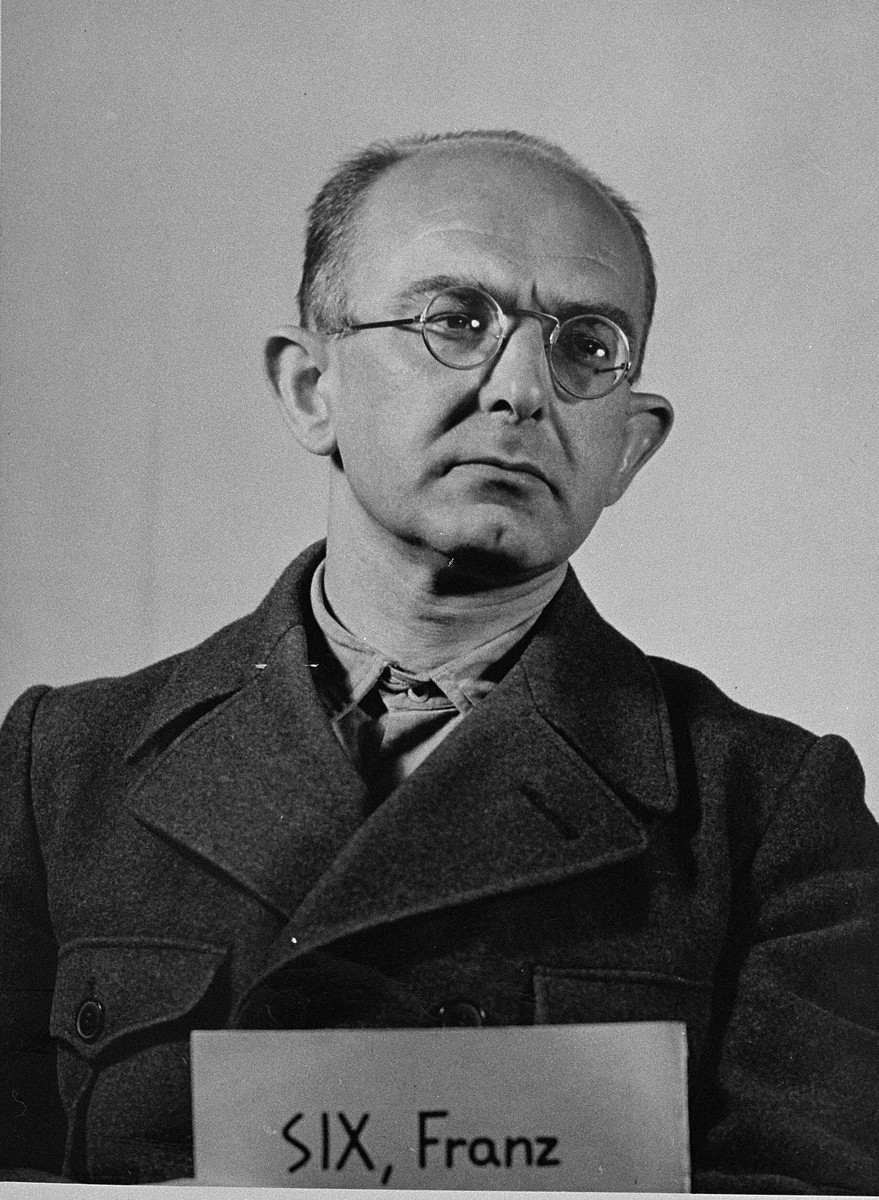 Mug-shot of defendant Franz Six at the Einsatzgruppen Trial.  Six was the Commanding Officer of Vorkommando Moscow of Einsatzgruppe B.
