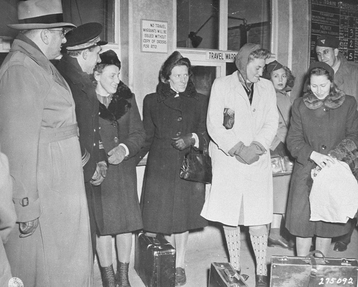 Four Polish women arrive at the train station in Nuremberg to be prosecution witnesses at the Doctors Trial.  

From left to right are Jadwiga Dzido (Hassa), Maria Broel-Plater (Skassa),  Maria Kusmierczuk and Wladislava Karolewska.