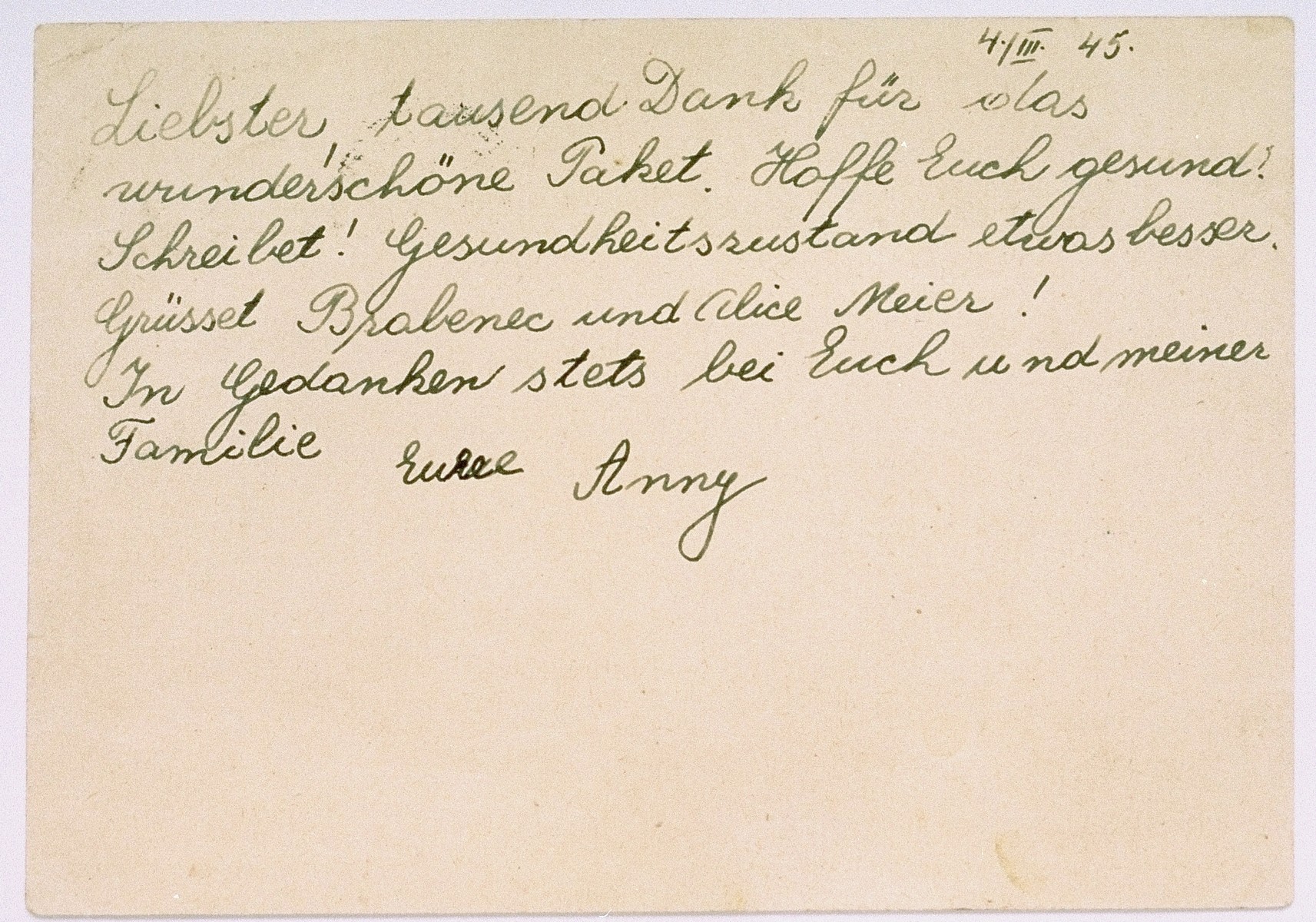 Postcard sent by Anny Weinstein from Theresienstadt concentration camp to Leo Ottenfeld, member of the Jewish Council in Prague.

The postcard (translated from German) reads, "Dearest, a thousand thanks for the wonderful package. I hope you are all healthy. Write! My health has somewhat improved. Say hello to Brabenec and Alice Meier! You and my family are always in my thoughts. Yours, Anny"

 The postcard bears a Hitler postage stamp.