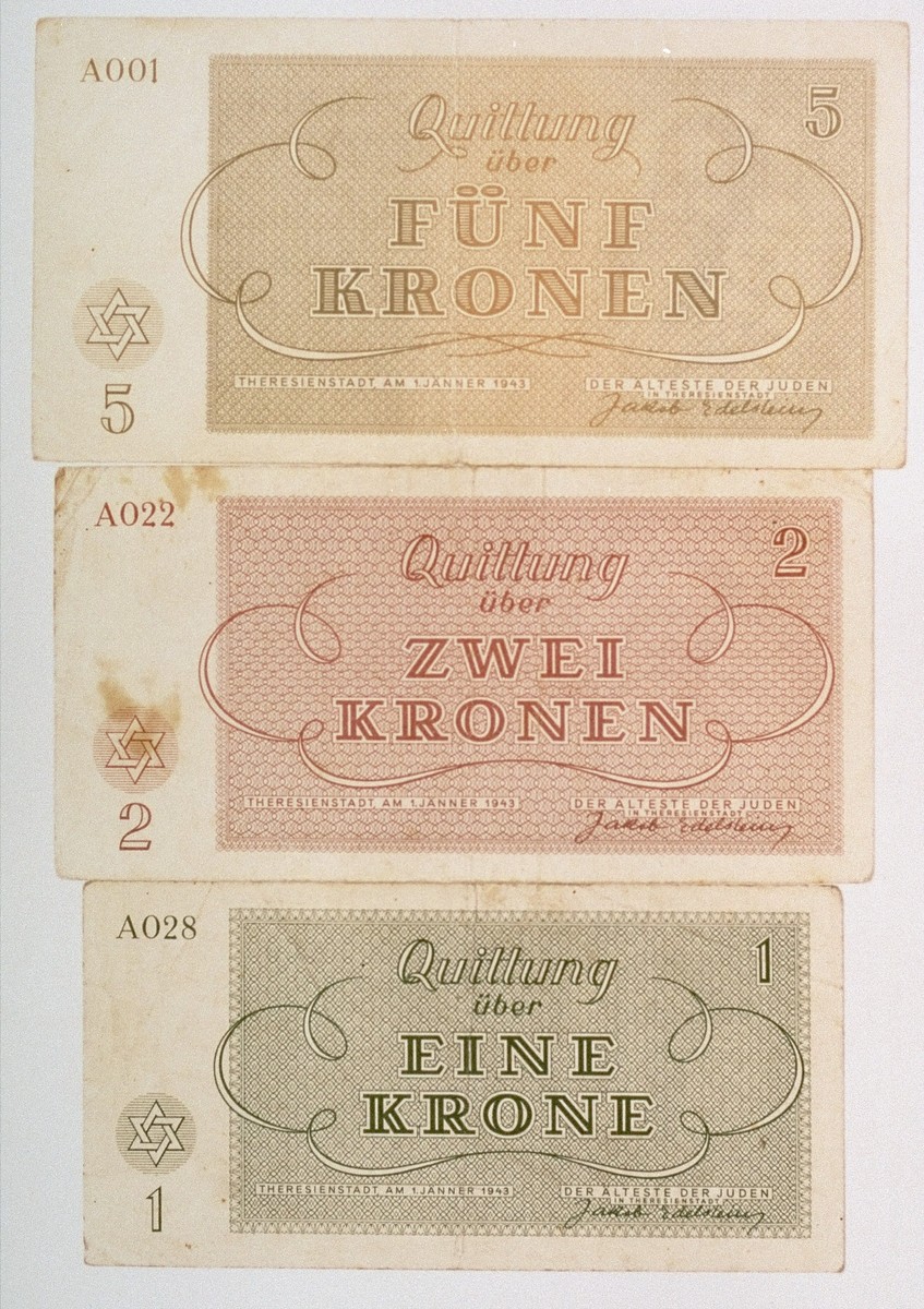 Theresienstadt ghetto currency. 

These notes were issued by the Aeltestenrat (Council of Elders) of the Theresienstadt ghetto and bear the signature of the Judenaelteste (chairman of the Council of Elders), Jacob Edelstein.  The design was the work of a ghetto inmate, the architect and graphic artist Maximilian Spell (Spiegel), who copied the motif of Moses and the Ten Commandments from the amulet given to him by his mother before he left for Theresienstadt.  Spell survived the war and settled in Israel.

[Source: The Jews of Czecholoslovakia, Vol. III, Jewish Publication Society of America, 1984]