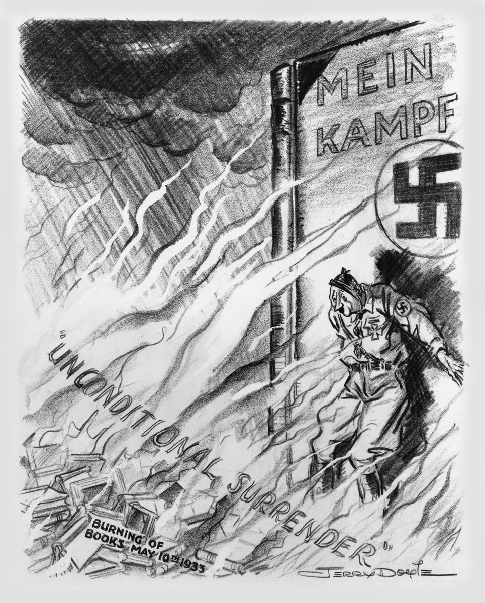 The Council on Books in Wartime "marked" May 10 to commemorate the Nazi bonfires.  Its lists of burned books were incorporated into leaflets like that by the National Council of Women.  The council distributed this cartoon by Jerry Doyle, which appeared on the front page of the Philadelphia Record on May 10, 1943, with the title The Flames of Retribution.