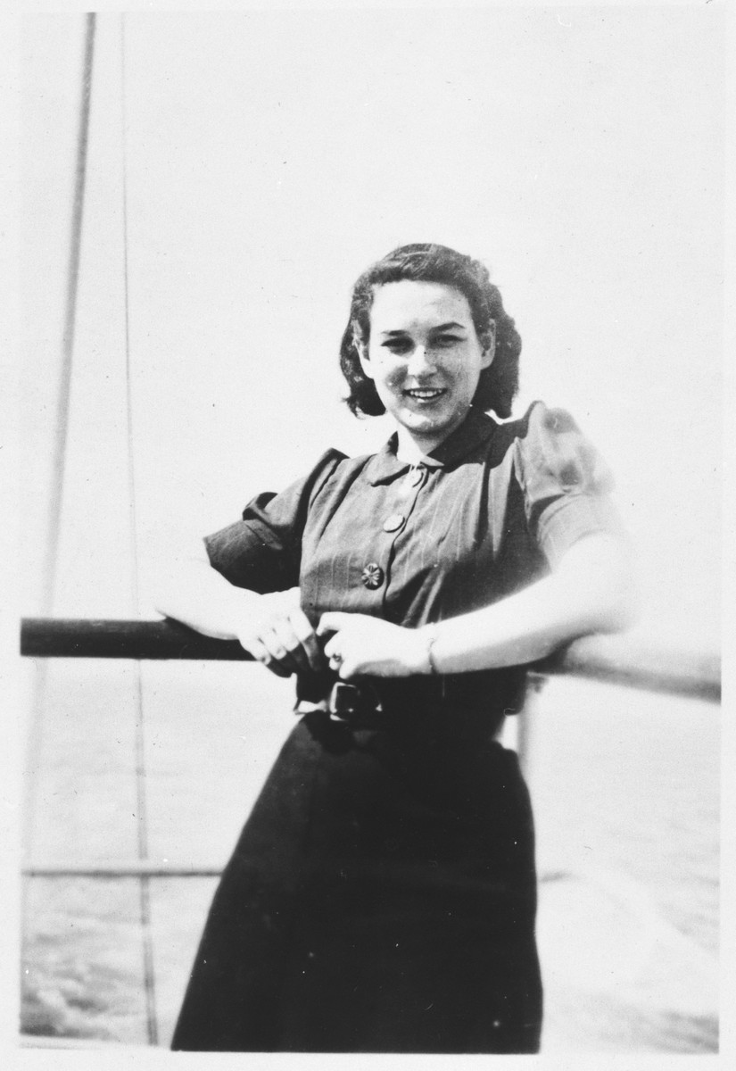 A German-Jewish refugee, Ursele Simon, poses on the deck of a ship while en route to Palestine.