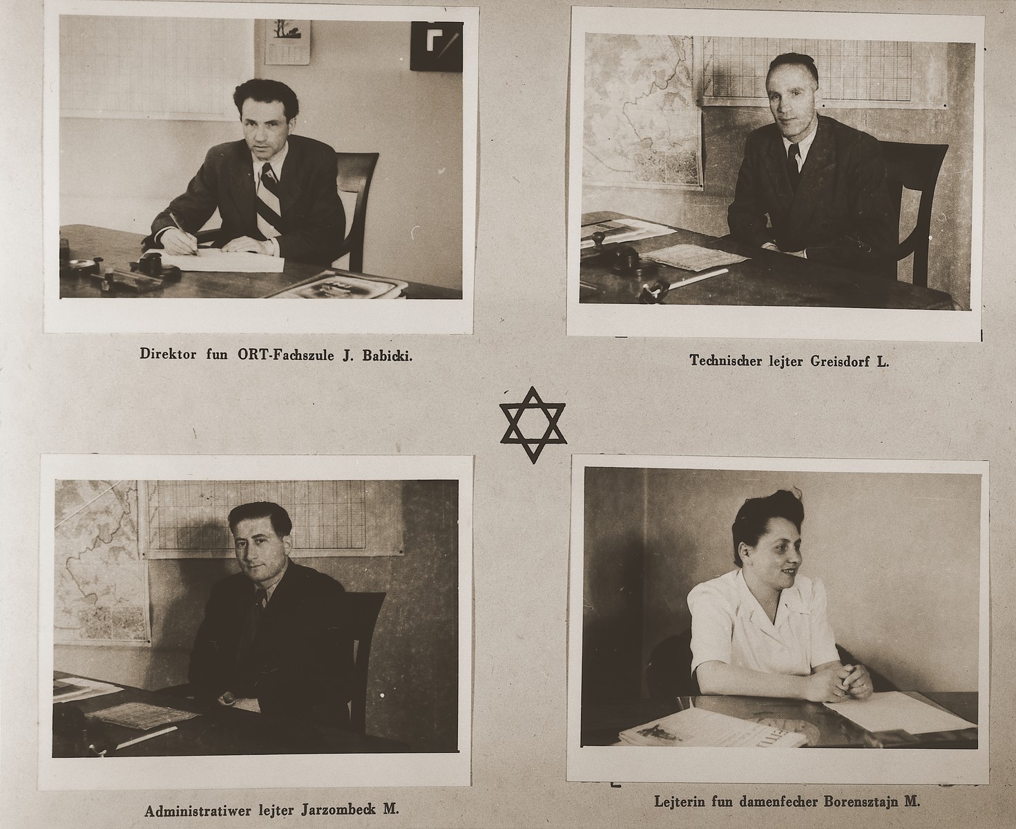 Four images of administrators at the Stuttgart DP camp.

Among those pictured are J. Babicki, L. Greisdorf, M. Jarzombeck and M. Borensztajn.

One page from the Stuttgart Jewish DP camp album entitled, "Jidiszer D.P. Center UNRRA--P.C.IRO in Stuttgart," compiled and photographed by Alexander Fiedel and dedicated to Moses Kornberg, head of the commissary.