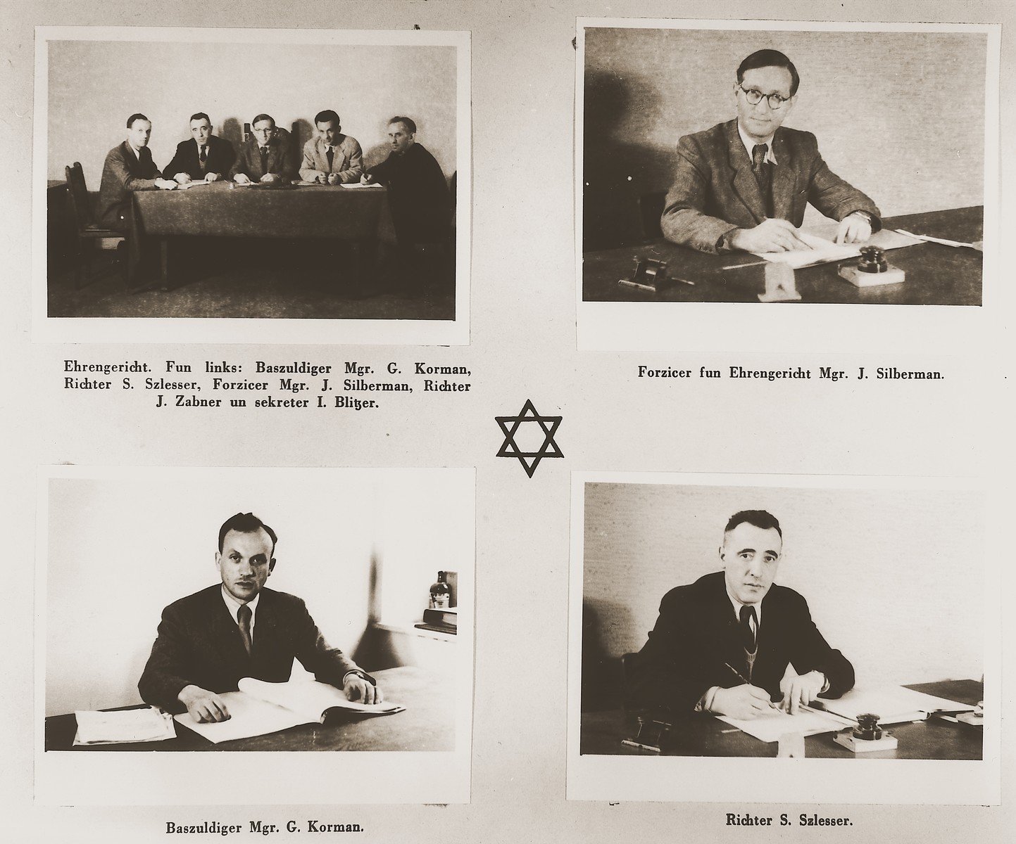 Four images of administrators at the Stuttgart DP camp.

Among those pictured are G. Korman, S. Szlesser, J. Silberman, J. Zabner and I. Blitzer.

One page from the Stuttgart Jewish DP camp album entitled, "Jidiszer D.P. Center UNRRA--P.C.IRO in Stuttgart," compiled and photographed by Alexander Fiedel and dedicated to Moses Kornberg, head of the commissary.