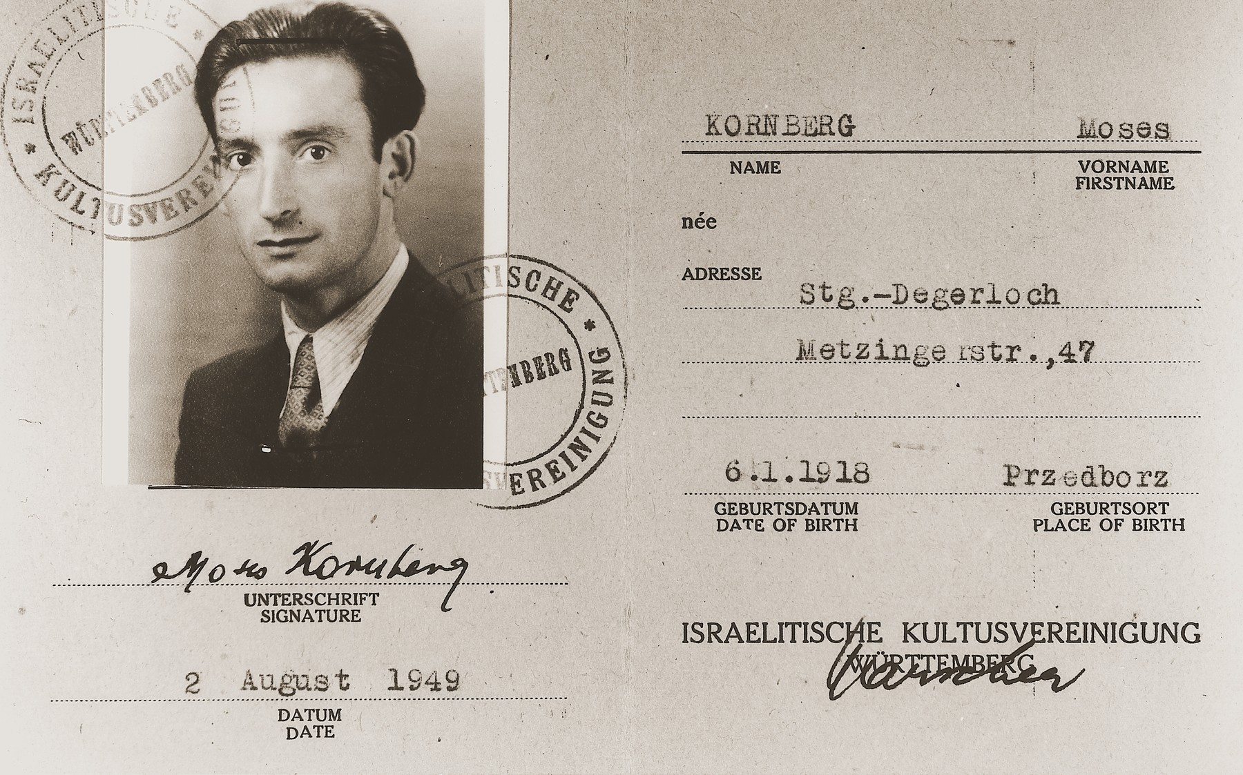 Identification papers for Moses Kornberg issued by the Jewish community of Wuerttemberg in Stuttgart.