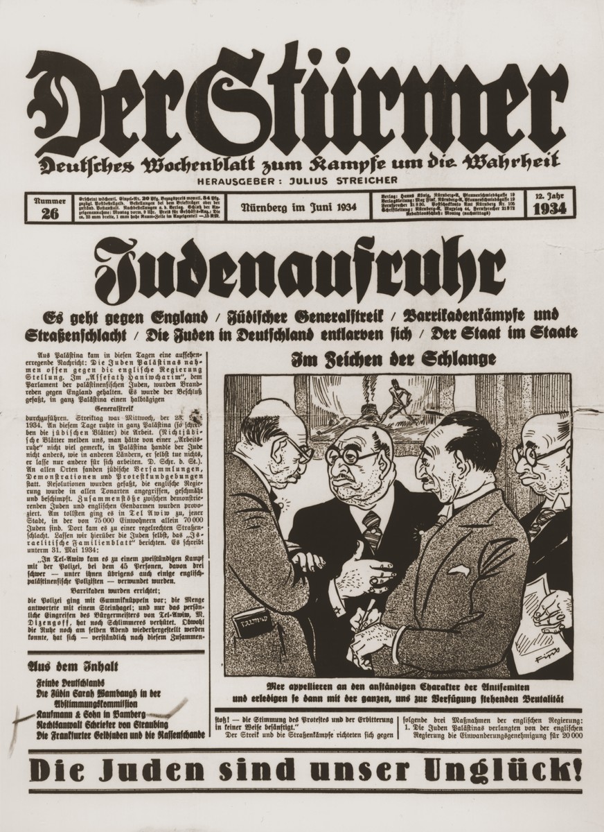 Front page of the Nazi publication, Der Stuermer, with an anti-Semitic caricature depicting the Jew as an instigator of rebellion.