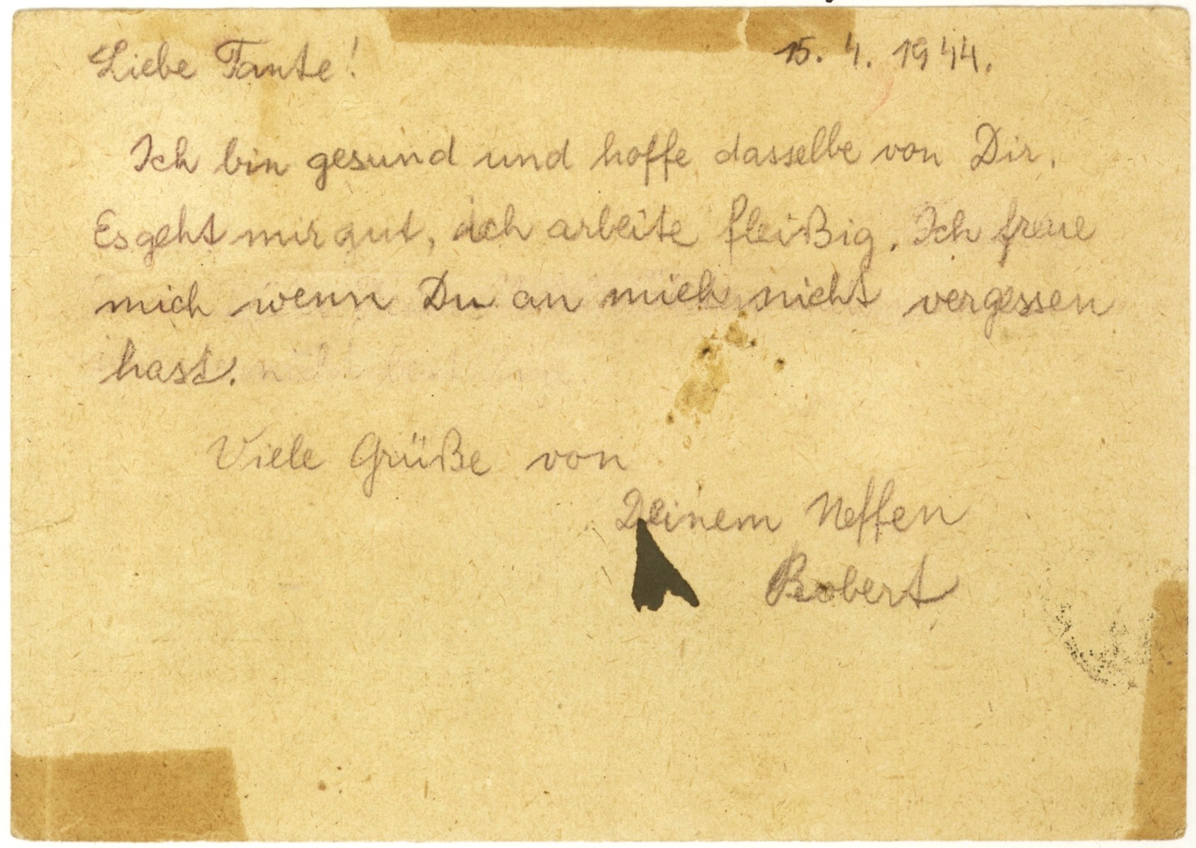 A postcard sent to Anna (Goldstein) Hajsky, by her nephew, Robert Silberstern, from the Auschwitz-Birkenau concentration camp.  

Robert writes that he is healthy and working hard.  He hopes that his aunt has not forgotten him.  By this time, however, Anna, had already been deported to the Theresienstadt concentration camp.  The postcard was received by Anna's sons, Marcel and Jan, who escaped deportation because their father, Cenek Hajsky, was not Jewish.