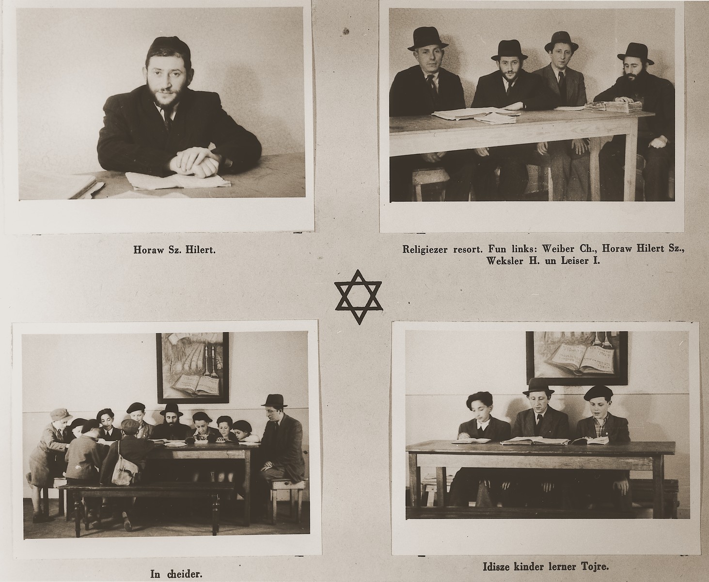 Four images of rabbis, yeshivas and cheders [religious elementary schools] at the Stuttgart DP camp.

One page from the Stuttgart Jewish DP camp album entitled, "Jidiszer D.P. Center UNRRA--P.C.IRO in Stuttgart," compiled and photographed by Alexander Fiedel and dedicated to Moses Kornberg, head of the commissary.

Picuterd in the upper left photograph is Rabbi Samuel Hilert.  In the upper right photograph is Weiber, Ch.; Rabbi Samuel Hilert; Weksler, H.; and Leiser, I.