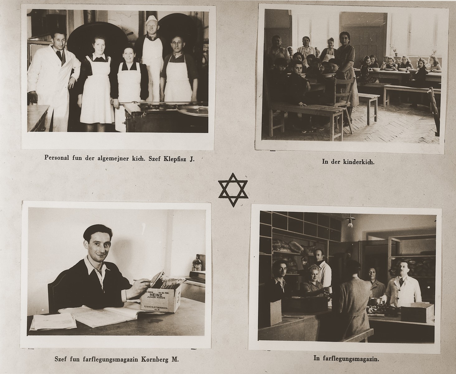 Four images of the Stuttgart DP camp kitchens and commissary.

Among those pictured are J. Klepfisz, Shamai (Sam) Greenberg, and Moses Kornberg.

One page from the Stuttgart Jewish DP camp album entitled, "Jidiszer D.P. Center UNRRA--P.C.IRO in Stuttgart," compiled and photographed by Alexander Fiedel and dedicated to Moses Kornberg, head of the commissary.