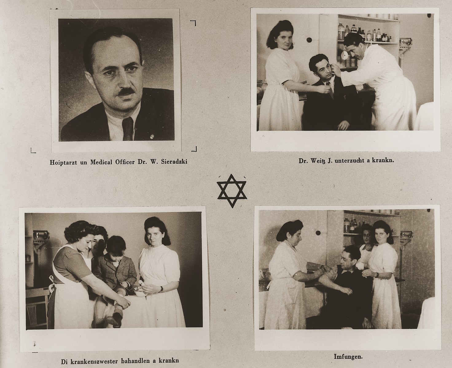 Four images of the Stuttgart DP camp medical staff.  Three of them are taken in the clinic, while the doctors and nurses are tending to their patients.

Among those pictured are Dr. W. Sieradzki and Dr. J. Weitz.

One page from the Stuttgart Jewish DP camp album entitled, "Jidiszer D.P. Center UNRRA--P.C.IRO in Stuttgart," compiled and photographed by Alexander Fiedel and dedicated to Moses Kornberg, head of the commissary.