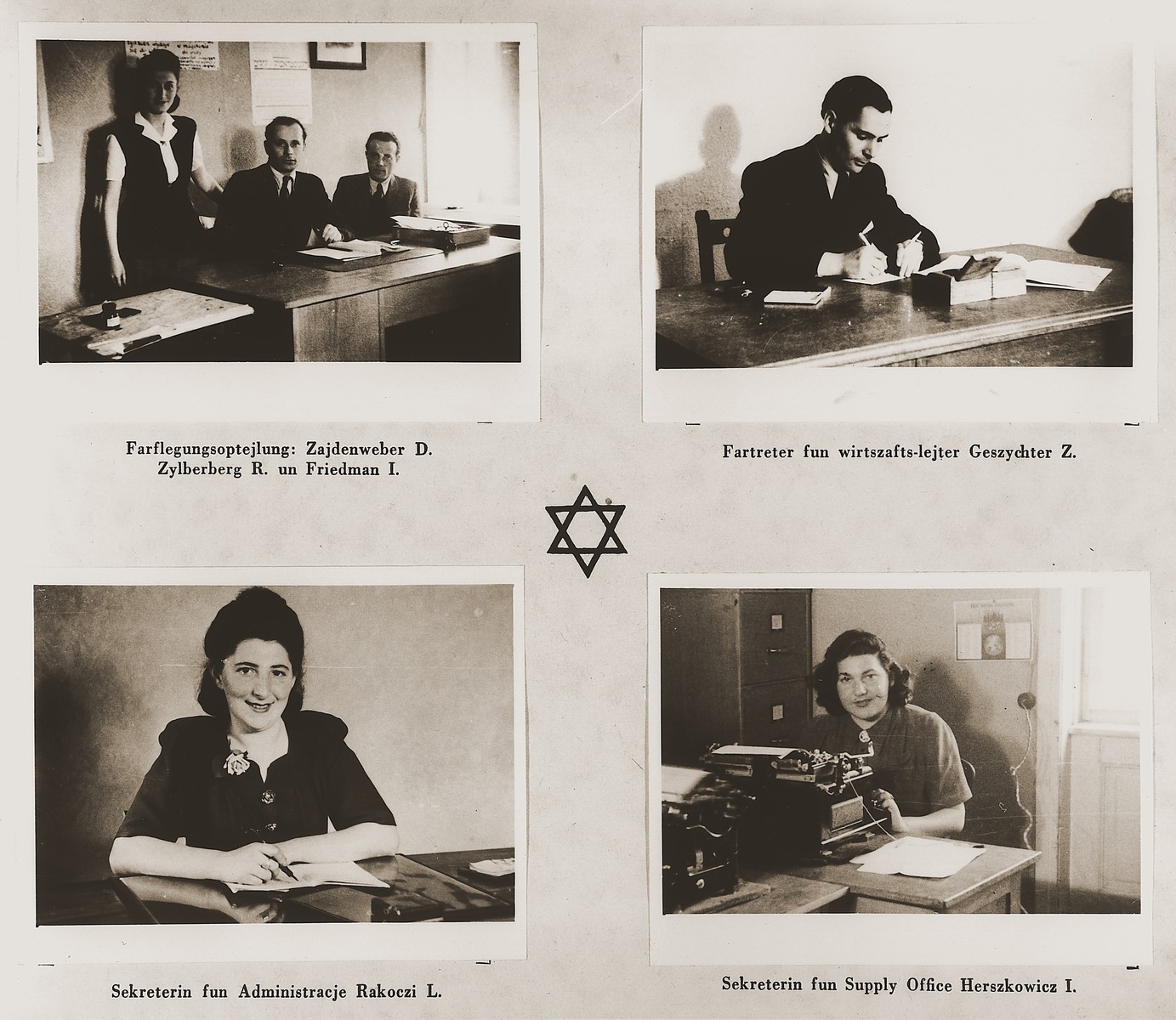 Four images of members of the Stuttgart DP camp administration in their offices.

Among those pictured are Dora Zajdenweber, R. Zylberberg, I. Friedman, Z. Geszychter, L. Rakoczi and I. Herszkowicz.

One page from the Stuttgart Jewish DP camp album entitled, "Jidiszer D.P. Center UNRRA--P.C.IRO in Stuttgart," compiled and photographed by Alexander Fiedel and dedicated to Moses Kornberg, head of the commissary.