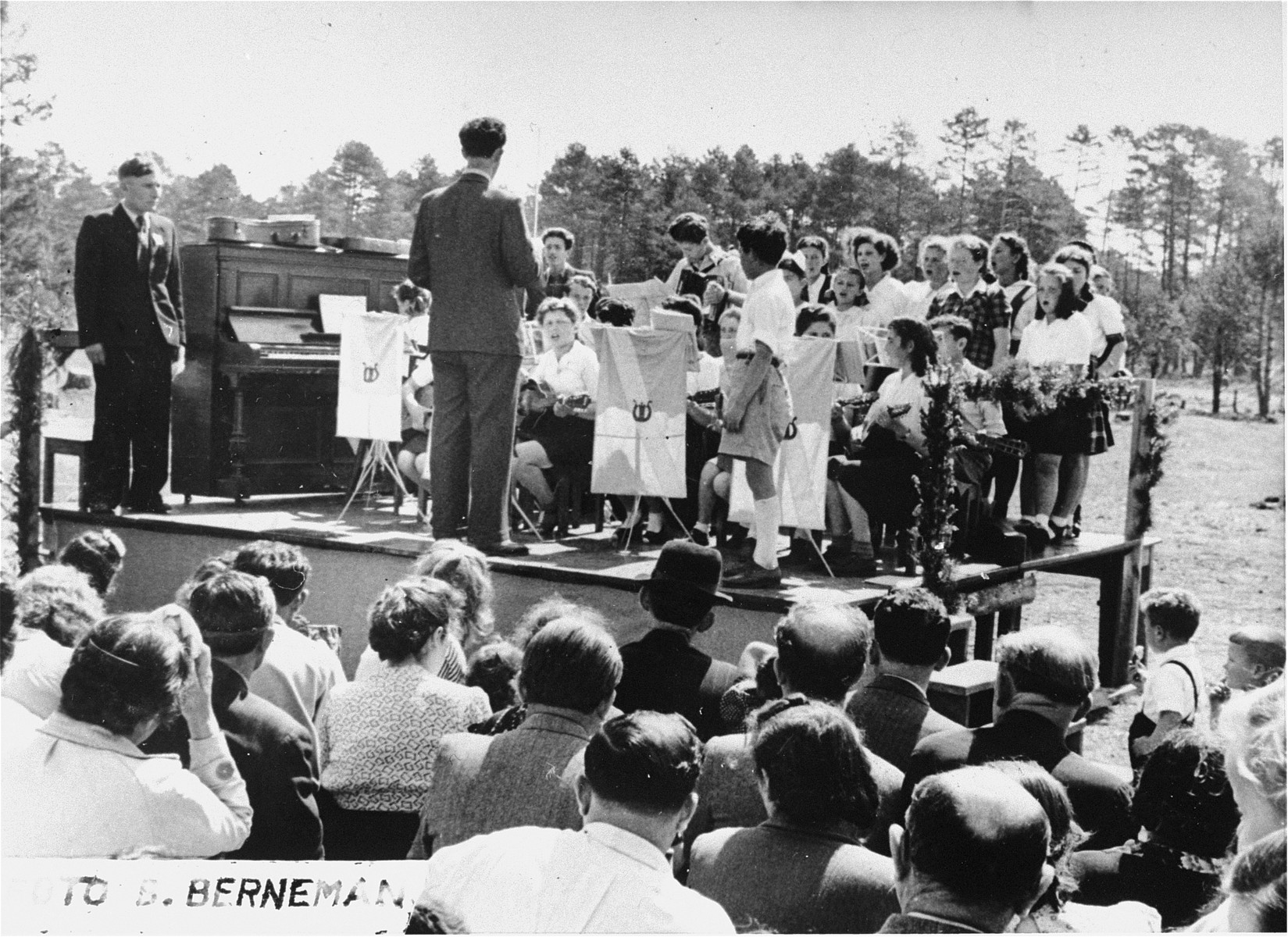 The children's orchestra at the Foehrenwald displaced persons camp performs during a Lag B'Omer celebration.