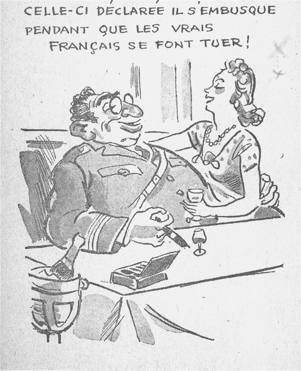 One of a series of cartoons from a French language, anti-Jewish pamphlet entitled, "The Canker Which Corroded France," published by the Institute for the Study of Jewish Questions in Paris.

This page is entitled: "He announces he will take up his position while the true Frenchman are being killed!"