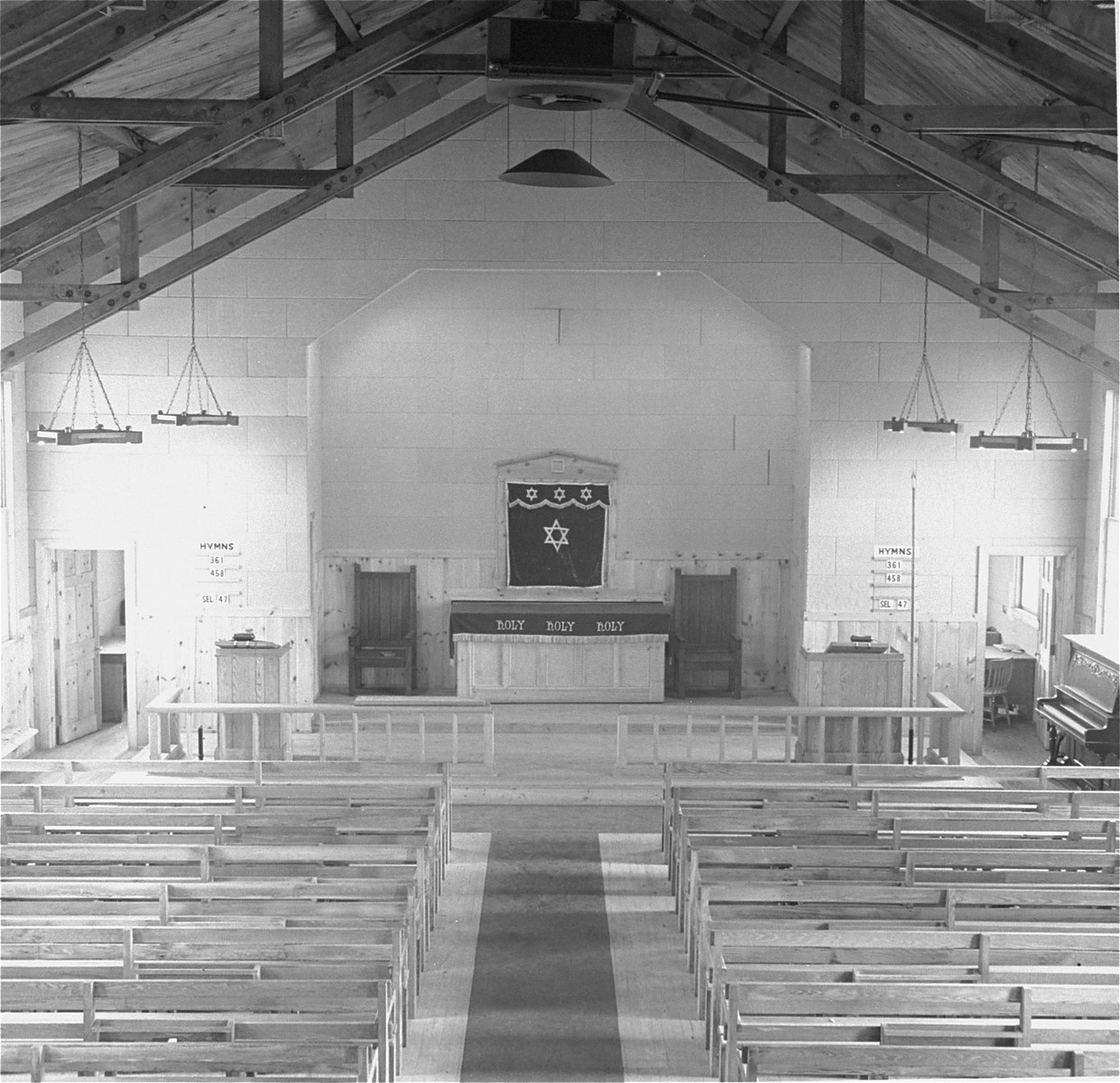 View of the interior of the chapel at the Fort Ontario refugee center.