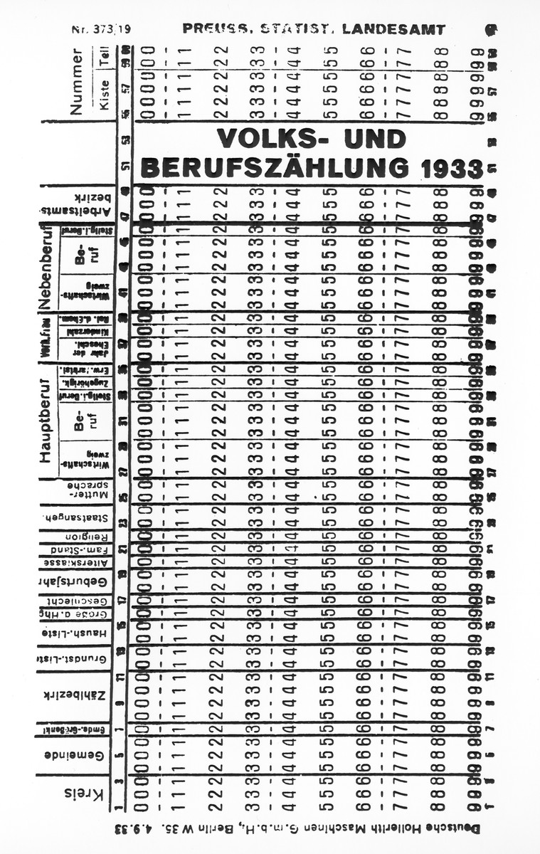 Facsimile of Hollerith punch card used in a 1933 Berlin population and vocational census.

USHMM P.E. LABEL: "The Hollerith Machine sophisticated technology helped the regime locate its victims quickly and efficiently.  At the time, Holleriths were the best data processing devices available.  The sorter on the left used contact brushes to sort punch-cards according to specific criteria. The tabulator on the right counted the already sorted cards.  Hollerith machines tabulated national census data in 1933 and 1939; during the war, the SS used them to manage the huge numbers of prisoners shipped in and out of concentration camps.  The machines were manufactured by a firm called DEHOMAG, for "Deutsche Hollerith-Machinen Gesellschaft" (German to Hollenith Machine Company). DEHOMAG has been a subsidiary of IBM since 1922."