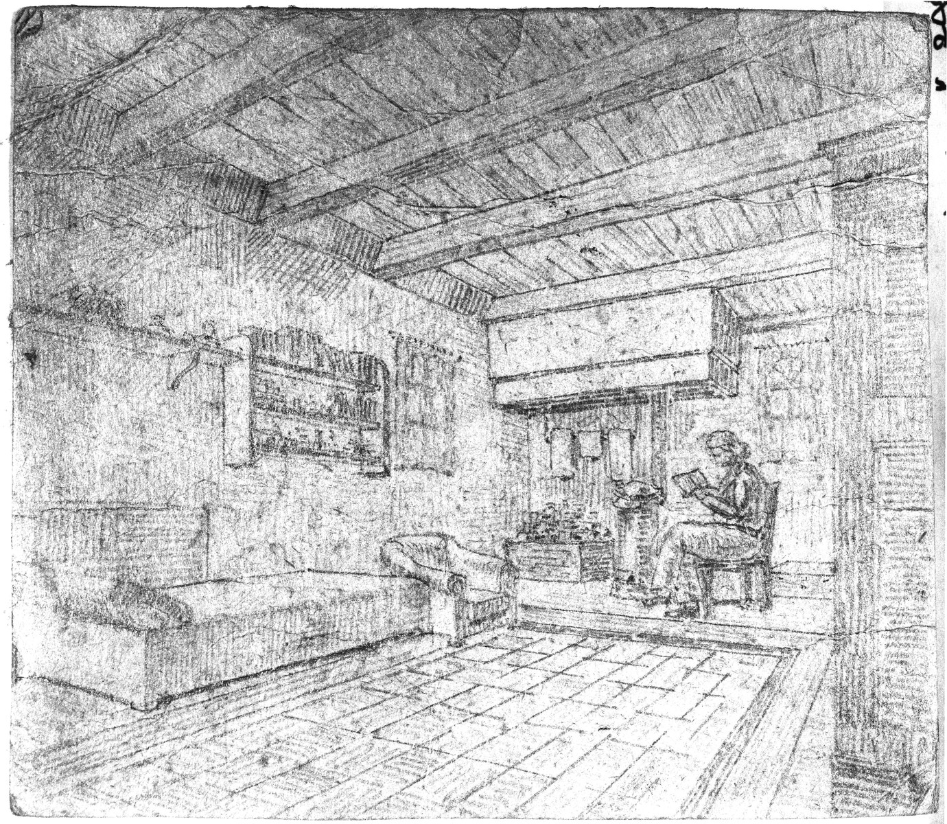 Drawing made by Richard Bloch of the room where he and his wife were hiding in Nunspeet, Holland.

The room was an old bakehouse adjacent to the home of the Alblas family.