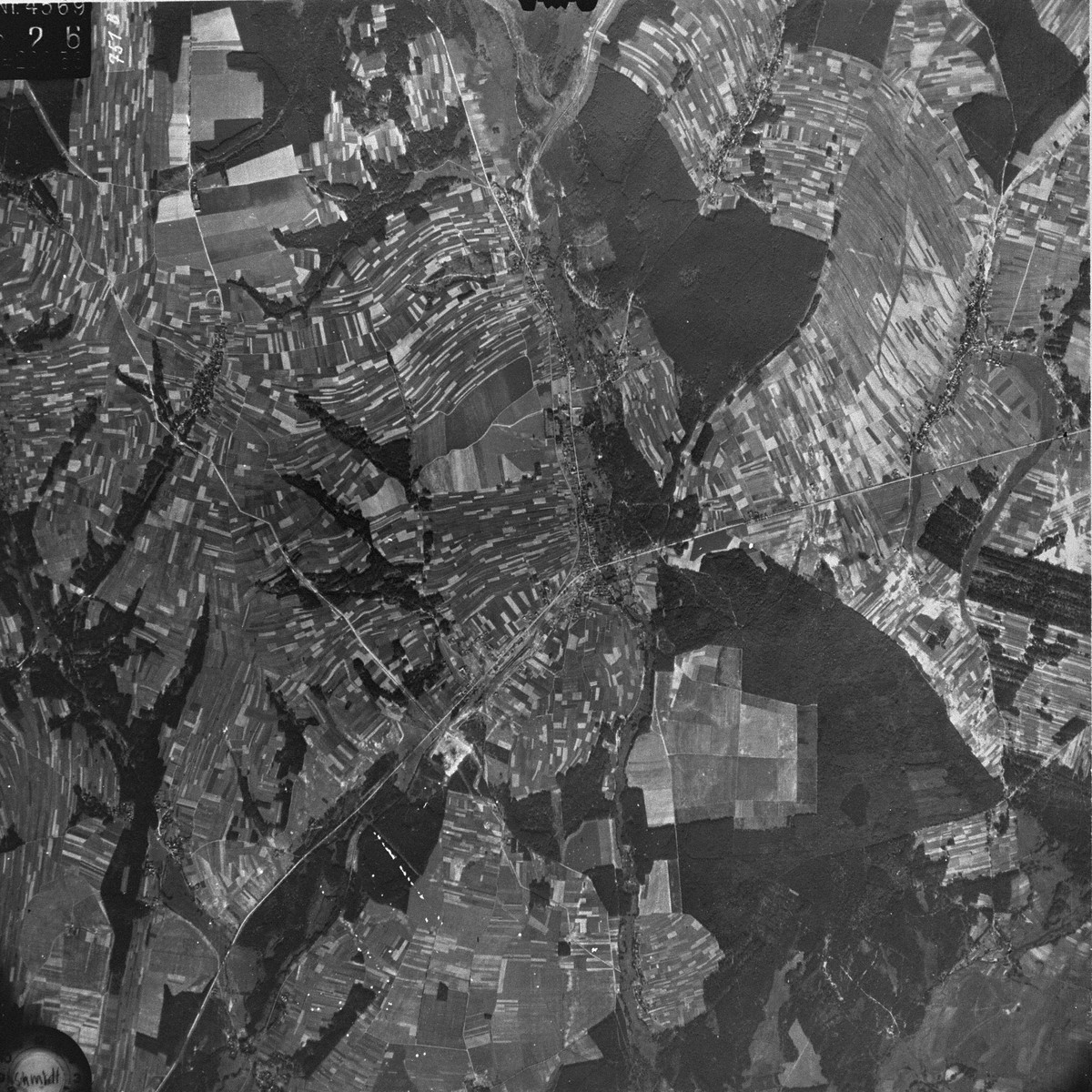 An aerial view of the Belzec area taken by the Luftwaffe during the war, which shows the camp and the rail lines leading to it.