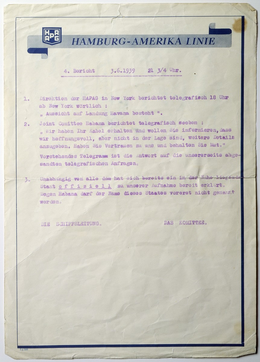 Notice to MS St. Louis passengers from the passenger committee and the ship's crew, typewritten on Hamburg-Amerika Line letterhead, informing passengers that landing in Havana remains a possibility, and asking them to be hopeful and ready to respond to an official confirmation of permission to land.