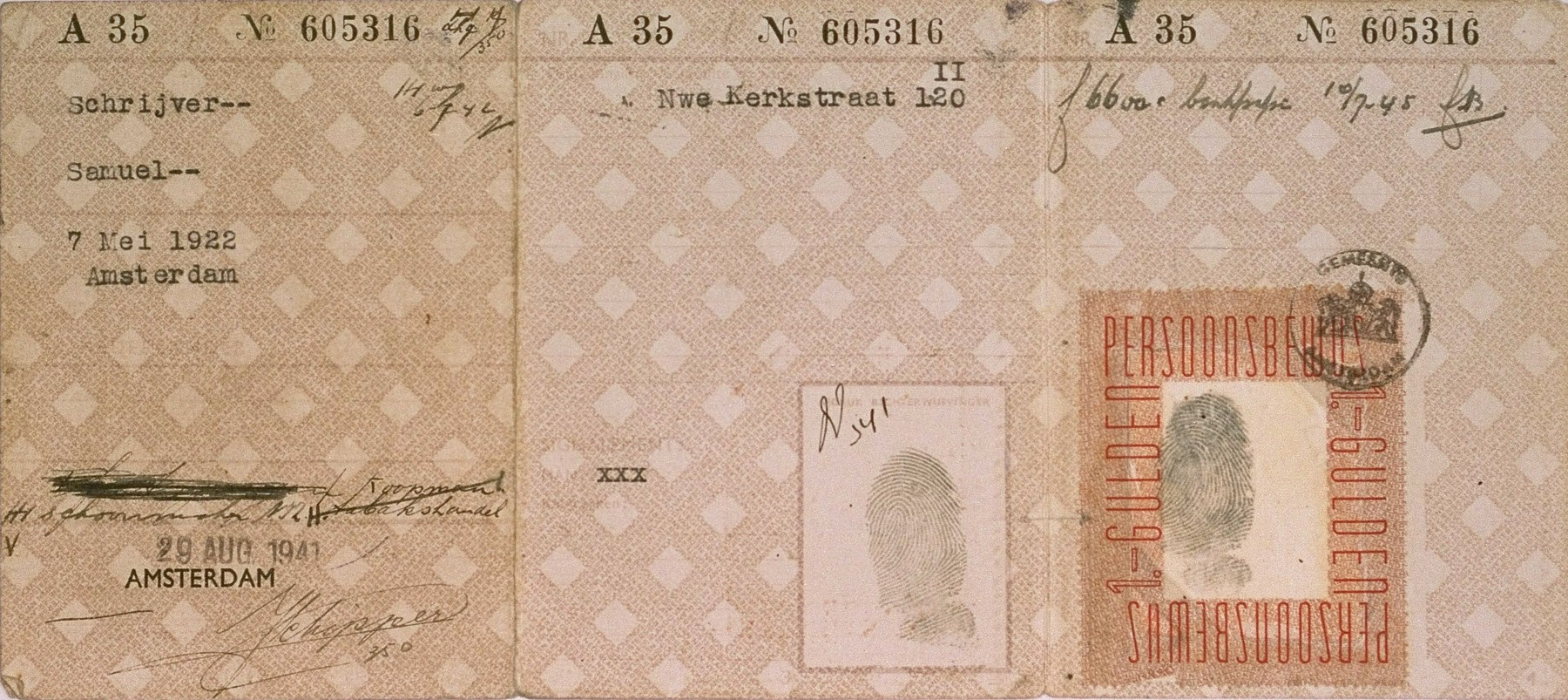 An identification document issued to Samuel Schrijver while he was working as an orderly at the Jewish hospital in Amsterdam.