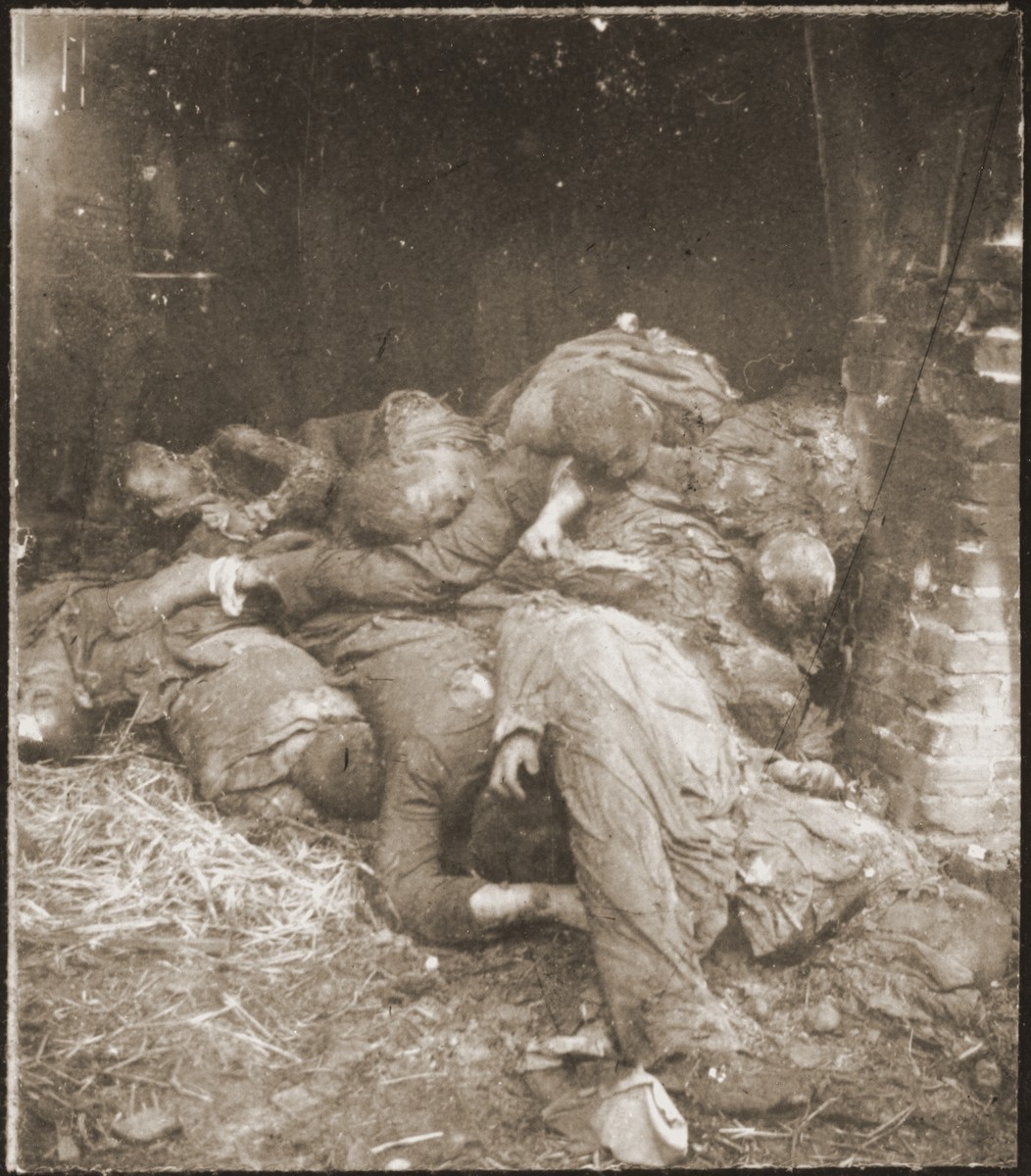 The charred corpses of prisoners burned alive by the SS lie just inside the doorway of a barn outside Gardelegen.