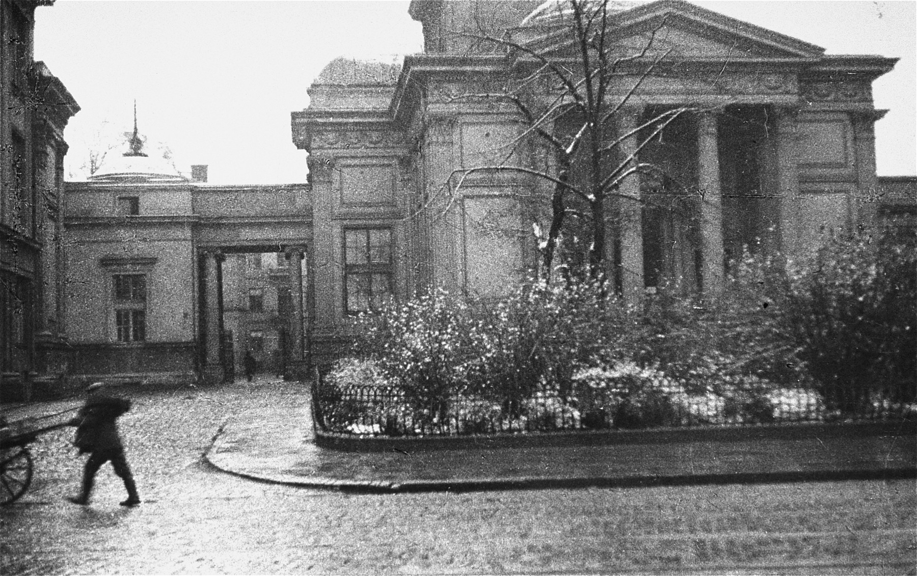 View of the Great Synagogue on Tlomackie Street in Warsaw, destroyed by the Germans in May 1943. 

The photographer took this picture in March 1943, just before the Warsaw ghetto uprising.