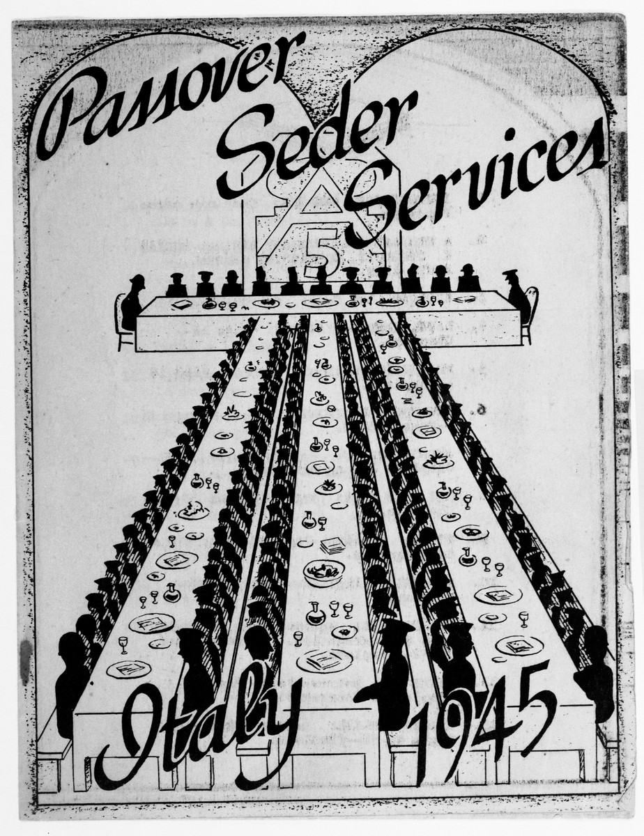 Cover of the Passover Seder Services brochure issued in March 1945 for American troops from the U.S. Fifth Army.  The seder took place at the main railroad station in Florence, Italy.