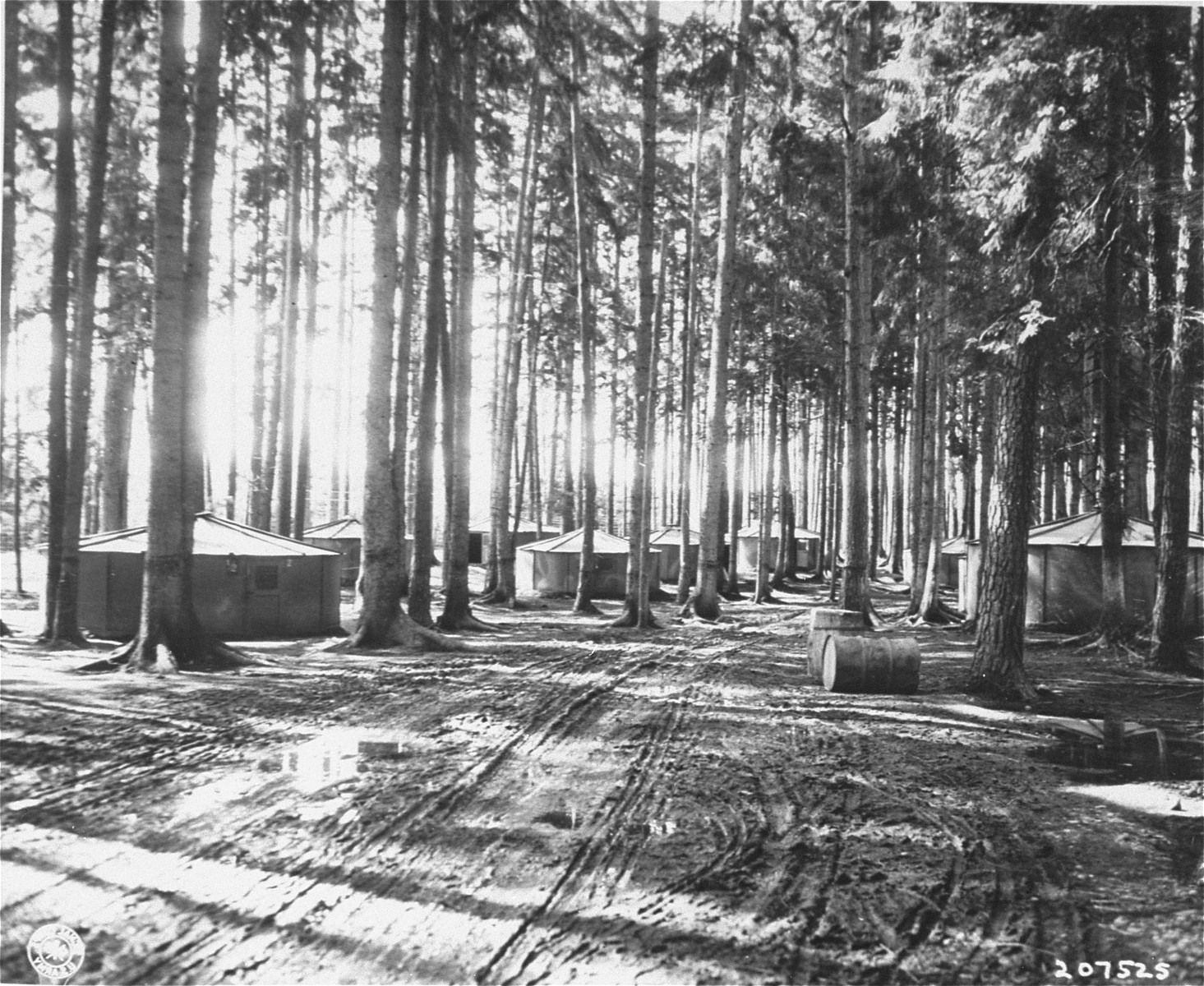 "Finnish huts", which housed between 30 and 40 people each, in Waldlager V.  The camp held about 4000 prisoners, nearly all Jewish, and was liberated by the 14th Armoured Division, U.S. 3rd Army.