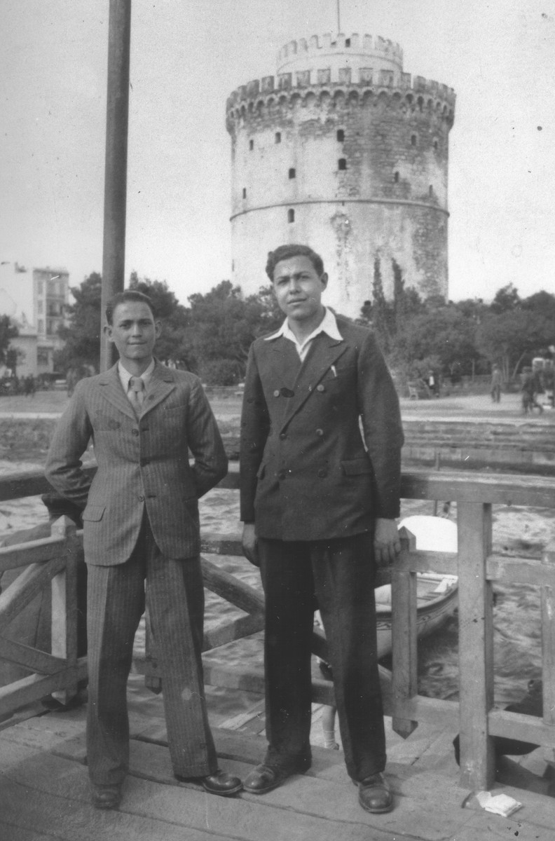 Jaco Beraha poses with a friend in front of the White Tower in Salonika.