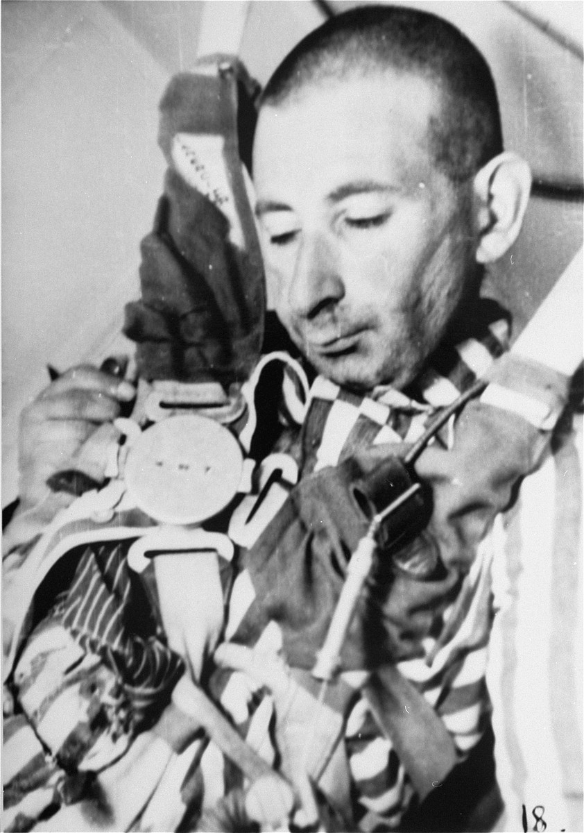 A prisoner who has been subjected to low pressure experimentation.  For the benefit of the Luftewaffe, air pressures were created comparable to those found at 15,000 meters in altitude, in an effort to determine how high German pilots could fly and survive.