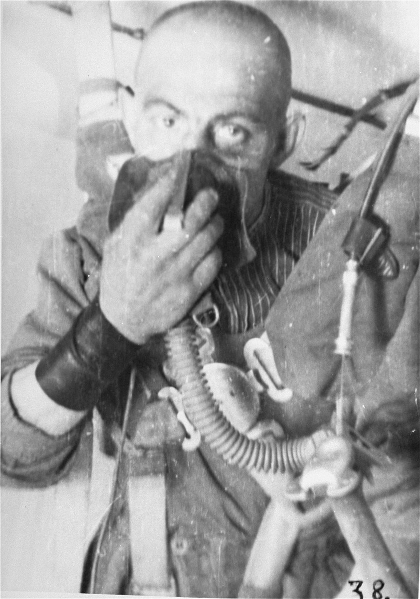 A prisoner who is being subjected to low pressure experimentation.  For the benefit of the Luftwaffe, air pressures were created comparable to those found at 15,000 meters in altitude, in an effort to determine how high German pilots could fly and survive.