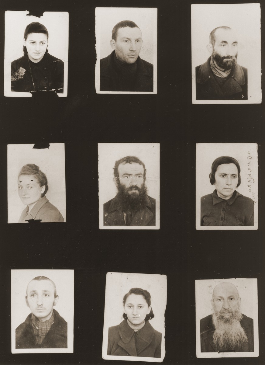 A sampling of the more than 300 identification card photos of local Jewish residents that were found on the floor of the Gestapo headquarters in Biala Rawska in January 1945.  

They were discovered by Leon Sztubert, a Jewish survivor from the town, who spent the war in hiding in a nearby forest.

Pictured (from the top row left and moving across each row) are Rozia Mogielnicka; Iczek Majer Frajderajch (b. November 10,1912); Icze Taugetman (b. September 9,1890); Sarah Ginsburg; Szlomo Rawski; Mrs. Srajch; Najberg (b. 1929); ? Goldberg; and Pinchas Janowsky.