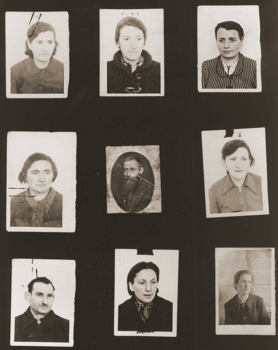 A sampling of the more than 300 identification card photos of local Jewish residents that were found on the floor of the Gestapo headquarters in Biala Rawska in January 1945.  

They were discovered by Leon Sztubert, a Jewish survivor from the town, who spent the war in hiding in a nearby forest.

Pictured (from the top row left and moving across each row) are Sarah Tautsztajn; Baila Miller; Topcia Goldberg Janowska; Tzipa Baum; Jankel Tusia Zimmler; Feigl Leah Gelbart; "Pafajszes"; Malka Grinwald; and Feiga Artman.