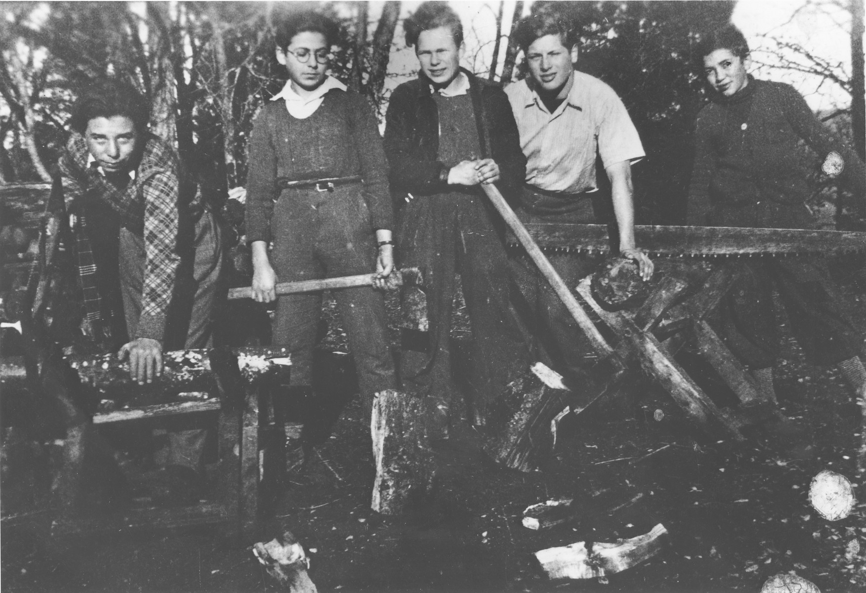 Jewish youth at work chopping wood at the OSE (Oeuvre de Secours aux Enfants) children's home in Masgelier.  

From left to right are Julien Bluchstein, Theo Brenig, Herbert Karliner and Richard Wolf.