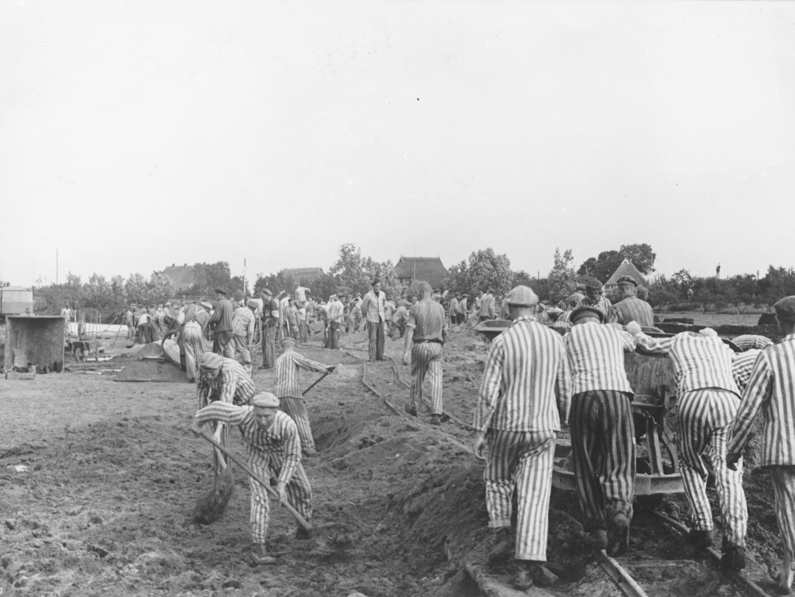 Prisoners at forced labor building the Dove-Elbe canal. The Kapos wear white and black armbands.

Pictured at the front, left facing the camera and digging with a shovel, is Salo Blechner.