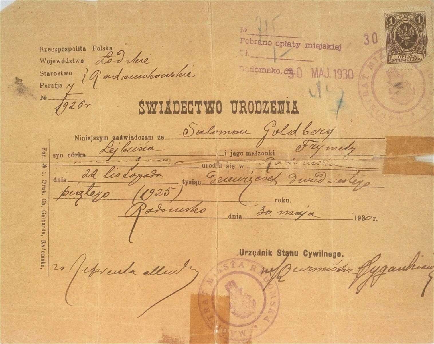 Birth certificate of Szlama Goldberg.
