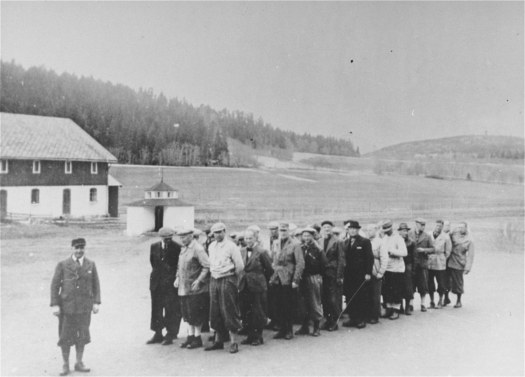 Norwegian teachers imprisoned in the Falstad concentration camp, near Trondheim, for their refusal to participate in the Nazi Teachers Association in the spring of 1942.