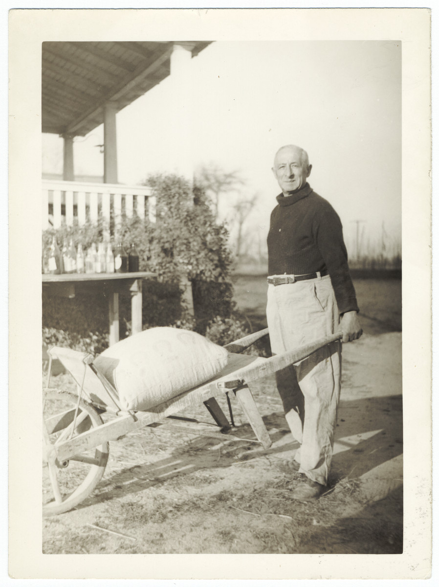 A German Jewish refugee pushes a wheelbarrow on the grounds of his farm in Vineland NJ.