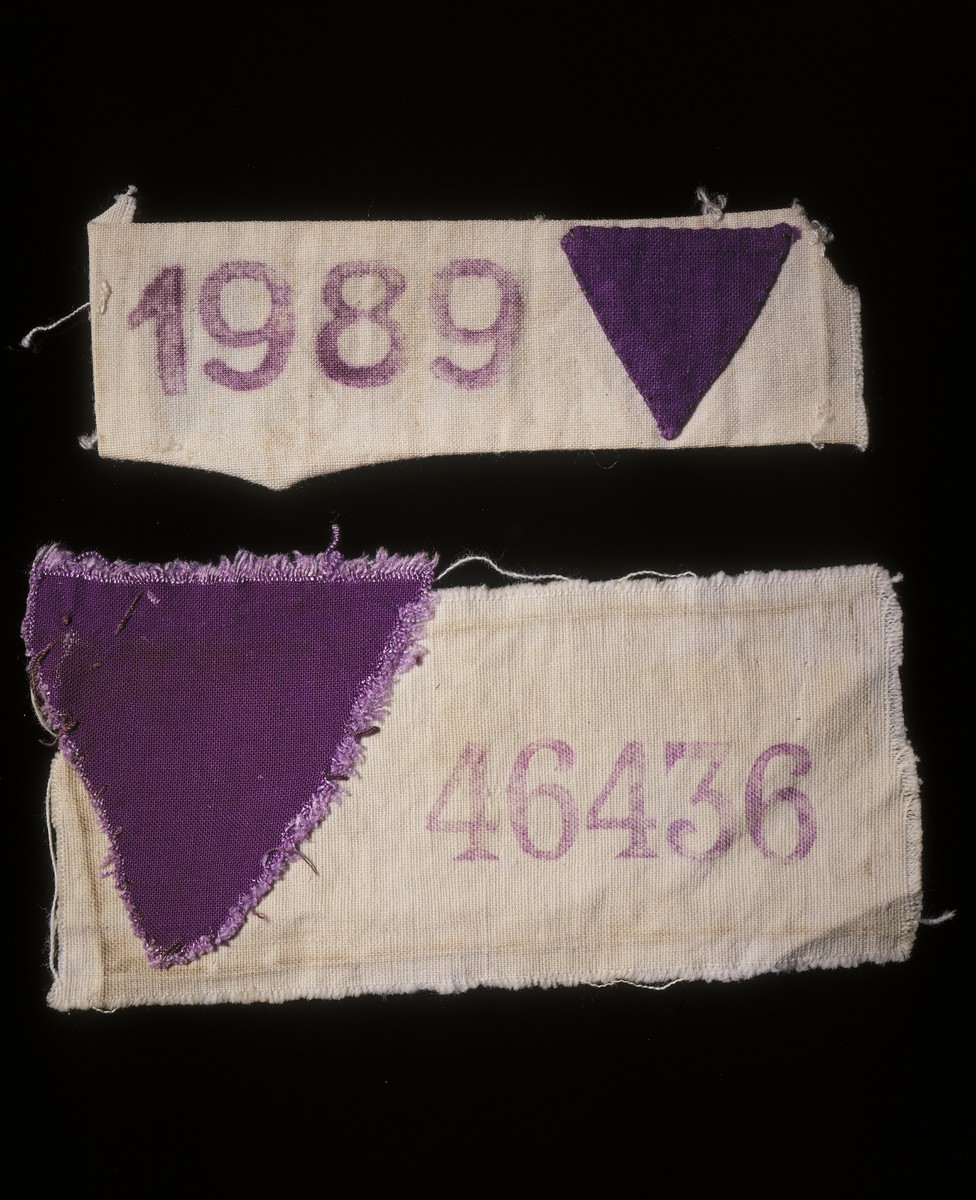 Two concentration camp badges bearing purple triangles worn by Jehovah's Witnesses.  

The badge with prisoner number 46436 was issued in Sachsenhausen to Albert Jahndorf; the badge with prisoner number 1989 was issued in Ravensbrueck to Luise Jahndorf.