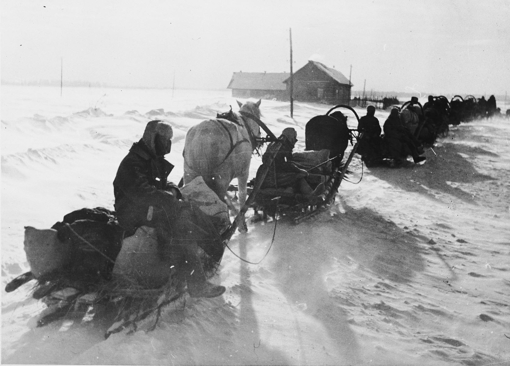 German soldiers ride in a caravan of horse-drawn sleighs through heavy snow [probably in the Soviet Union].