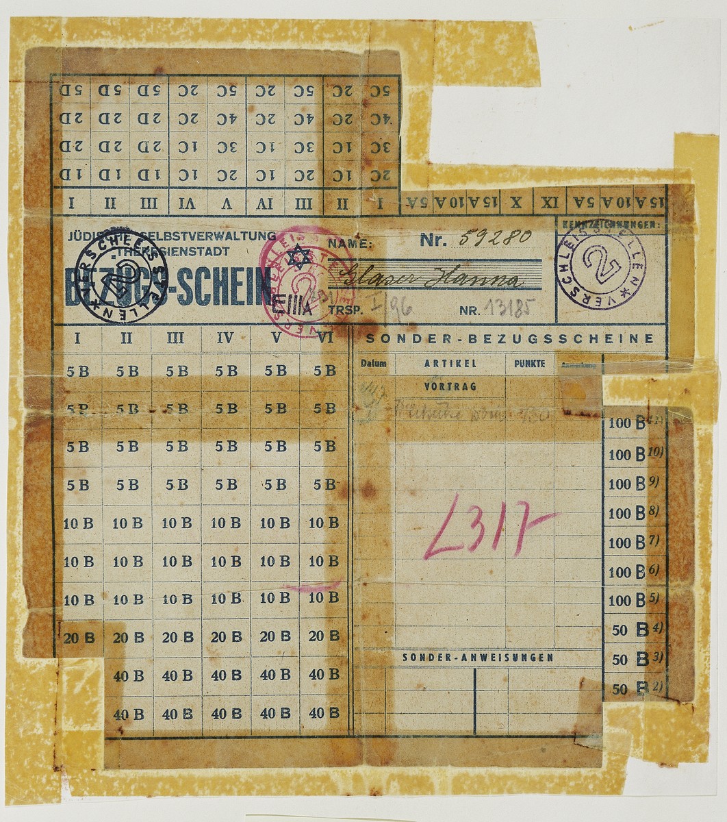 Ration card issued in the Theresienstadt concentration camp.

According to the donor, these cards were given out to mislead the Red Cross into believing that there were commodoties available for purchase.