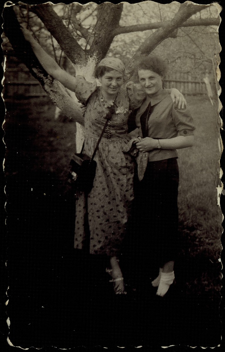 Two young women pose by a tree in a garden.

Bluma Lubetski is on the left with Sarah Lejbowicz, (the sister of the photographer, Rephael Lejbowicz) is on the right.  Bluma Lubetski survived the Holocaust in Siberia.  Sarah Lejbowicz was murdered by the Germans during the September 1941 mass killing action in Eisiskes.