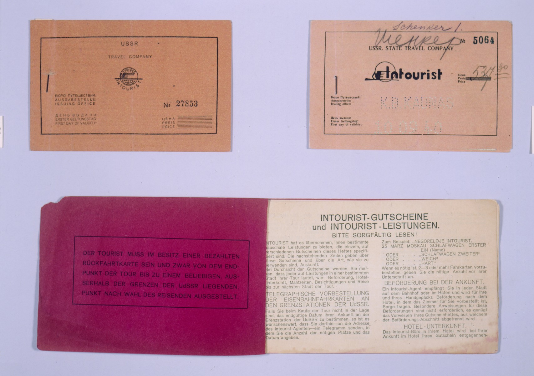 Composite photograph of three intourist tickets for the Trans-Siberian railway to Vladivostok.  

1. An intourist ticket for the Trans-Siberian railway to Vladivostok, purchased in the United States for $99.95 by one of Leon Pommer's sisters, dated January 29, 1941(Pommer collection, top left).

2. An intourist ticket for the Trans-Siberian railway to Vladivostok dated October 9, 1940 purchased for $83.16 (Schenker collection, top right).

3. A third class intourist ticket book containing coupons for lunch and dinner (Nowogrodzki collection, bottom).