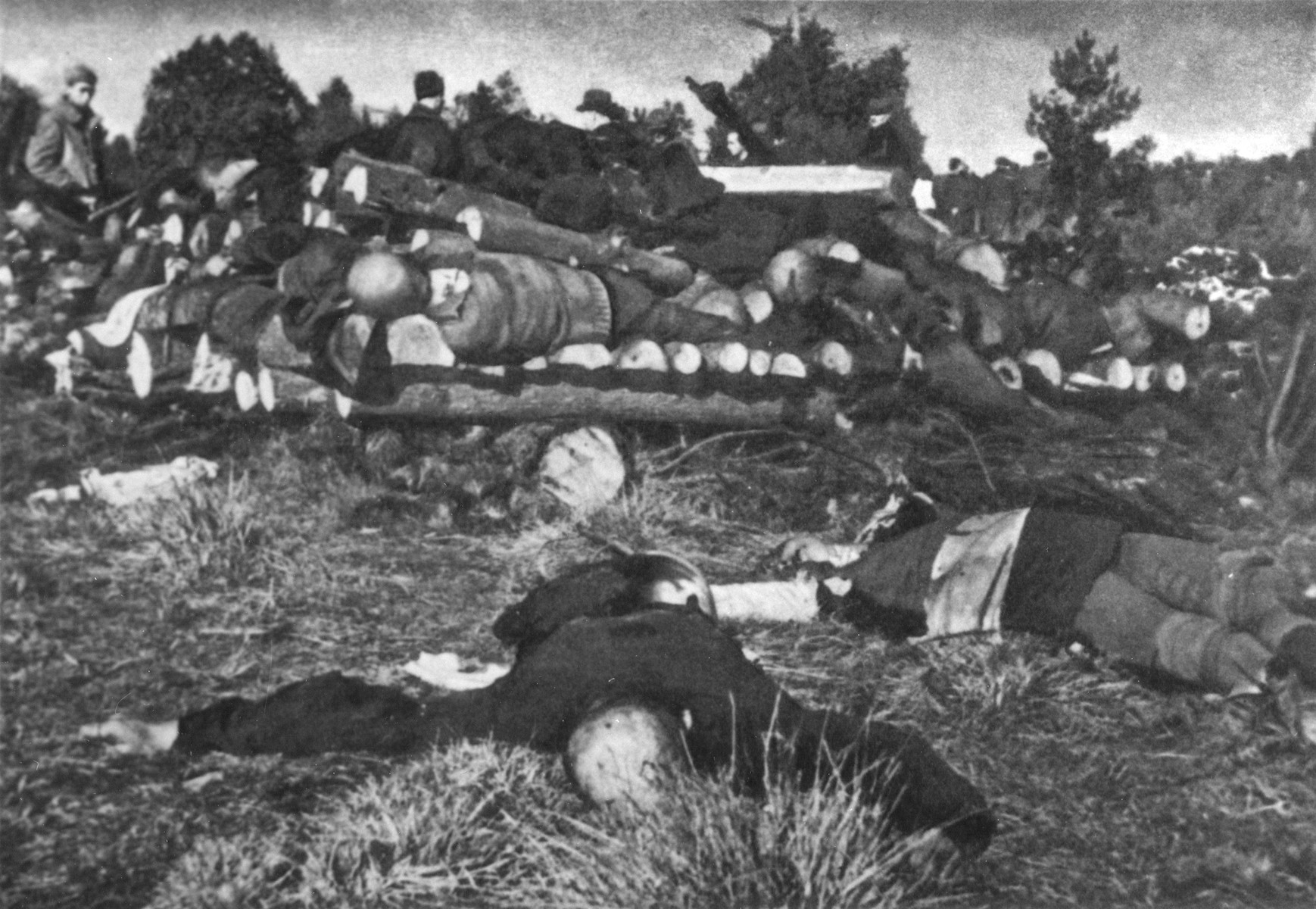 Corpses in Klooga stacked for burning.  

Soviet investigators can be seen in the background.